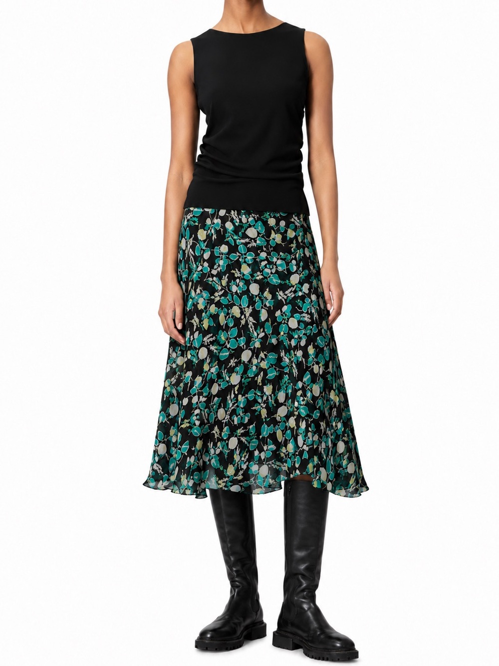 Laura Ashley Silk A-Line Skirt - Teal and Black Floral